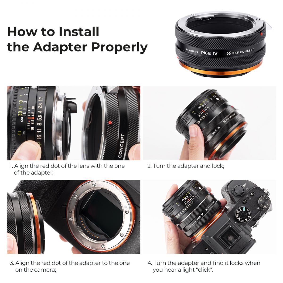 K&F Concept Pentax K Lens Montajı - Sony E Kamera Gövdesi Adaptör Halkası, mat cila, PK-E IV PRO