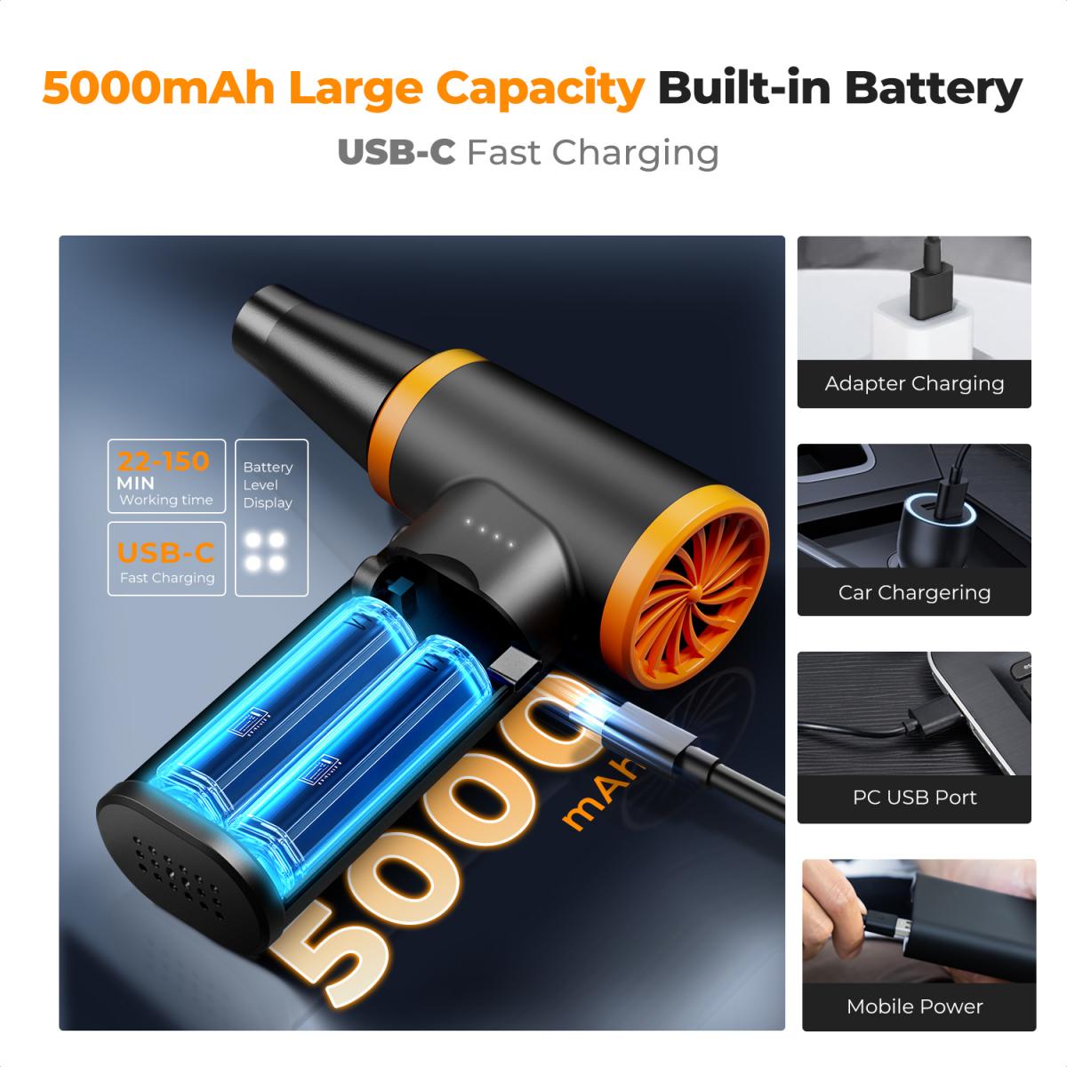 K&F Concept 12-1 - Spolveratore ad aria compressa senza spazzole, 3 marce regolabili, super potenza eolica, ricaricabile e portatile, per la pulizia profonda di computer, tastiere, asciugatura auto, casa - Sostituisce le bombolette di aria compressa