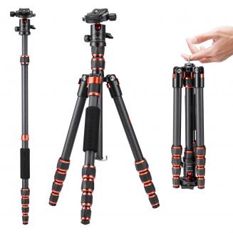 60"/152cm Carbon Stativ Leichtes Reisestativ Professionelles Tragbares Kamerastativ 17,6 lbs Last mit 360° Kugelkopf und abnehmbarem Einbeinstativ für Vlog, Reise C225C0 (BA225)