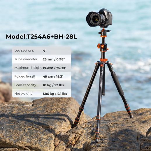238cm Aluminium Kamera Stativ Fotostativ Reisestativ mit 90° Mittelsäulen und Einbeinstativ K&F Concept SA254T1 Stativ 