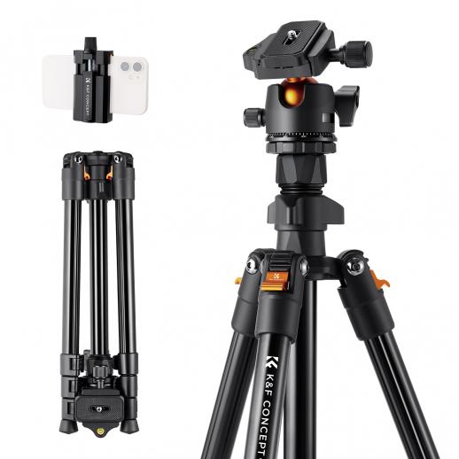 63"/163cm Resestativ för Kamera,Lättviktsstativ i Aluminium, Kompakt Stativ för Reflexkamera med 360° Kulhuvud och Frigöringsplatta för DSLR Kamera K234A0+BH-28L (BI234M, Endast 1.15kg) 