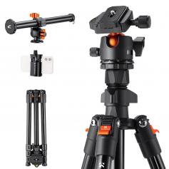 K&F Concept 77.9''/1.95m Aluminum Travel Tripod 17.6lbs/8kg Load With 28mm Head ,New K Type Flip Lock K234a0+Bh-28l, With Transverse Center Column & Mobile Phone Clip