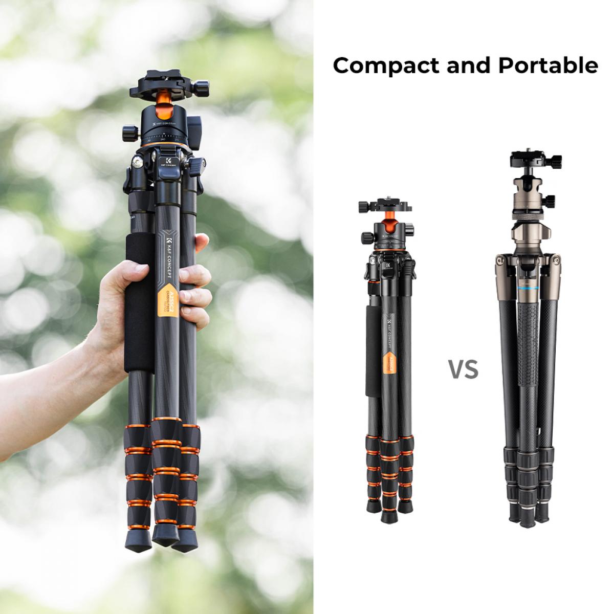 Profesyonel Karbon Fiber Tripod 15kg/33lbs Maks. Yük 156cm/61.4" Maks. Yükseklik, Kompakt ve Taşınabilir, 360° Top Kafalı ve Ayrılabilir Monopodlu, A255C2+BH-35L