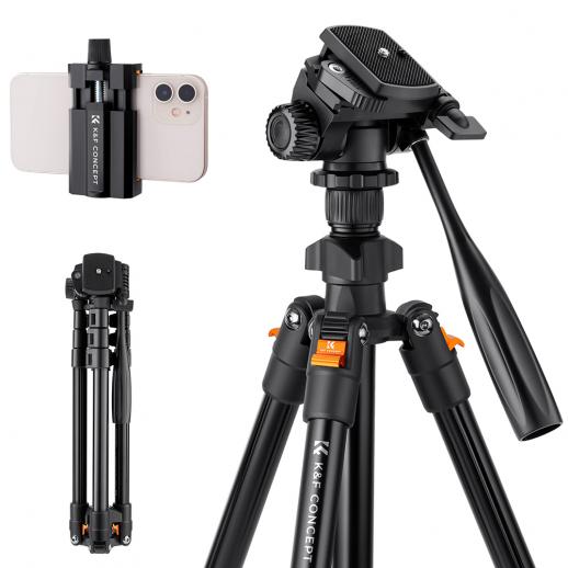 162cm Video Stativ, Leichtes Reisestativ mit 3-Wege-Kopf(Traglast bis zu 3KG), Alu Kamera Stativ für DSLR Kamera, Dreibein Stativ für Smartphone mit Handyhalterung(K234A0+Videokopf)