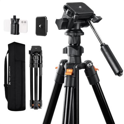 K&F Concept 177cm Video Stativ, Leichtes Reisestativ mit 3-Wege-Kopf(Traglast bis zu 4KG), Alu Kamera Stativ für DSLR Kamera, Dreibein Stativ für Smartphone mit Handyhalterung(K234A0+Videokopf)