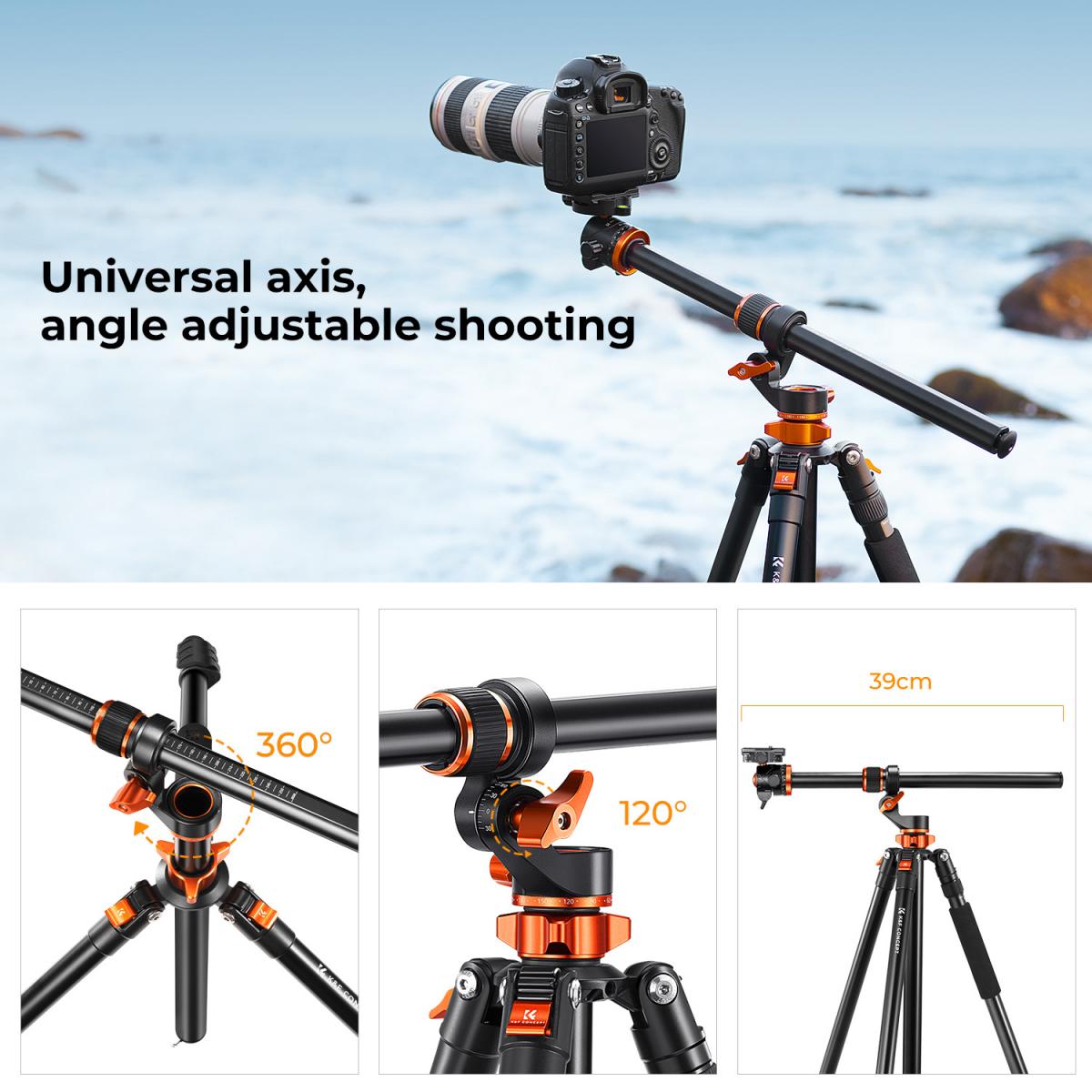 Best price 90'' aluminum Camera Tripods Transverse Center Column K&F