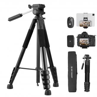 75"/190cm Trépied Appareil Photo en Aluminium, Trépied Caméra de Voyage Portable Compact et Léger avec Tête Supportant 4kg, Prise de Vue Bluetooth 10m