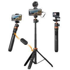 Trépied de téléphone MS04 62''/1.58m, perche à selfie, noir et orange avec télécommande Bluetooth + adaptateur Gopro