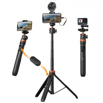 【Cerrado】Palo selfie con trípode para teléfono MS04 de 62 ''/1,58 m, negro y naranja con control remoto Bluetooth + adaptador Gopro
