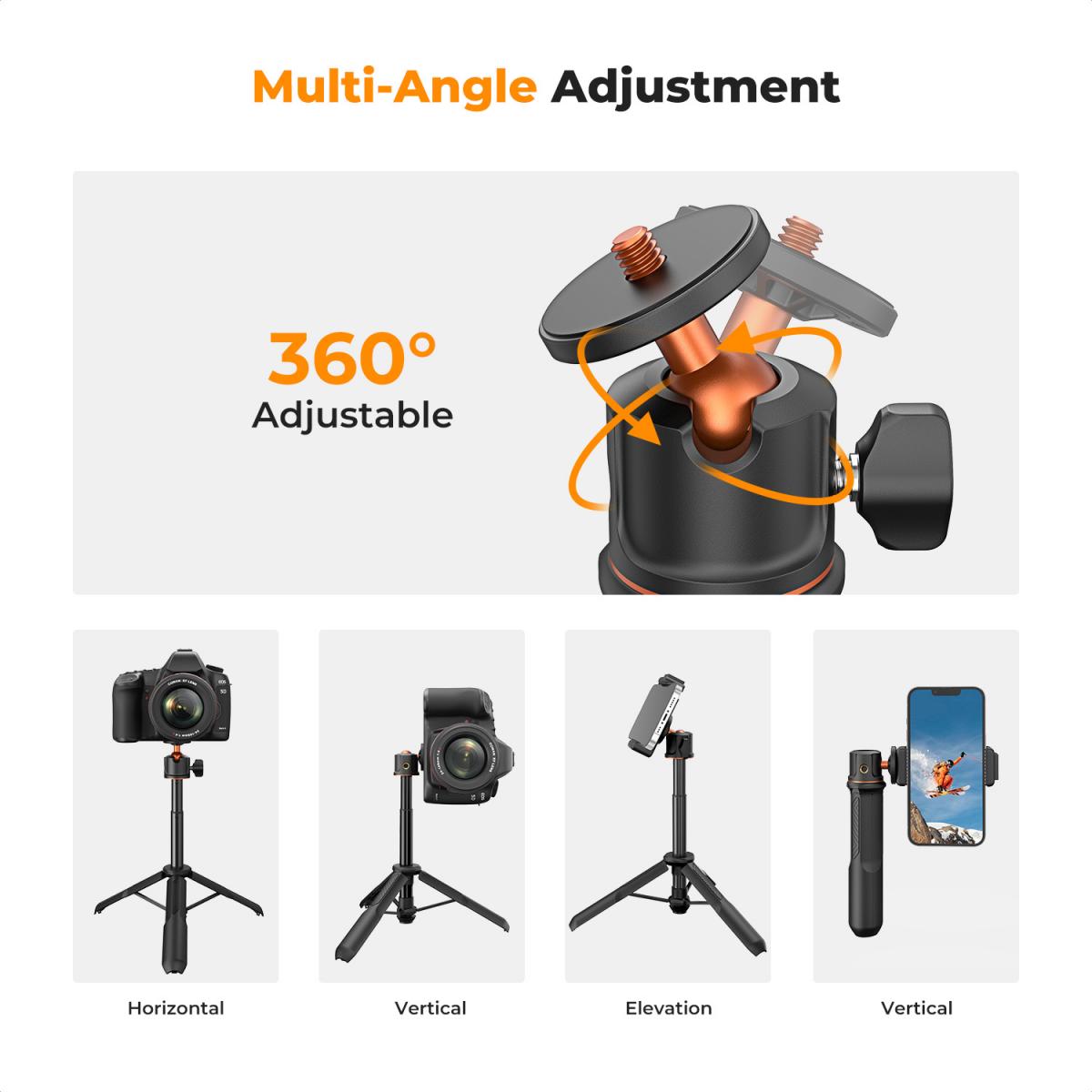 Stojak na biurko do selfie stick 23,6''/60 cm 3 w 1 z głowicą kulową + uchwyt na telefon komórkowy + adapter GoPro + pilot Bluetooth MS11