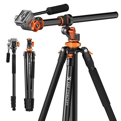 231cm Treppiede in Alluminio con Testa Fluida + Colonna Centrale a 90° + Monopiede Smontabile, Treppiede da Viaggio per Fotocamere DSLR, Videocamere, Carico 5kg - T254A7+FH-03