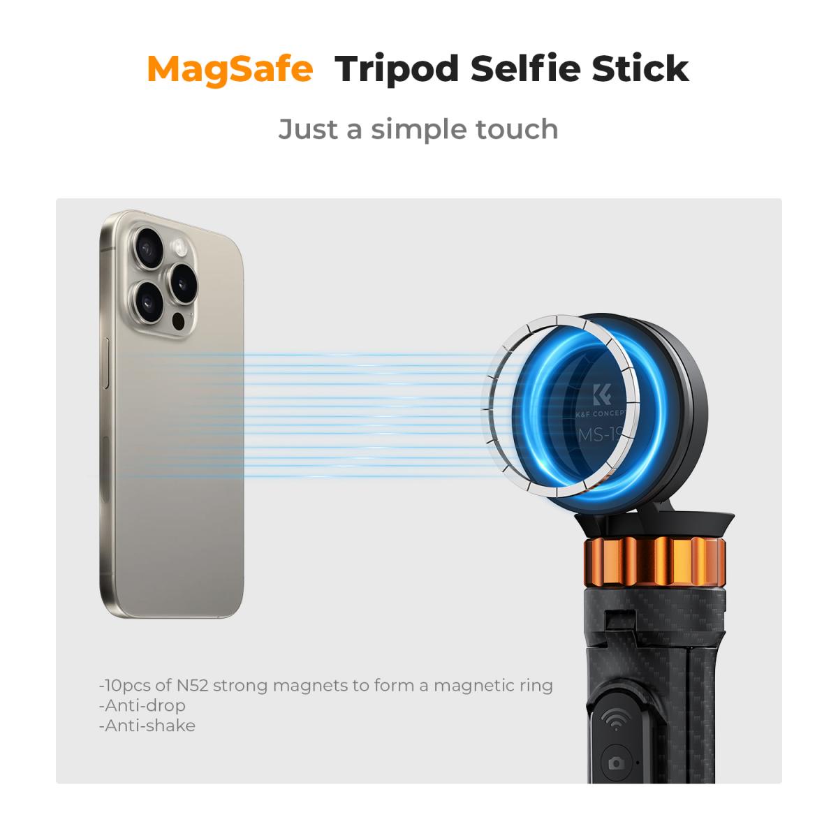 63-calowy magnetyczny statyw do iPhone'a do telefonu Selfie Stick, lekki uchwyt na telefon komórkowy i stojak na aparat z bezprzewodowym pilotem, kompatybilny z iPhone'em 15/14/13/12 z serii Magsafe Ms19