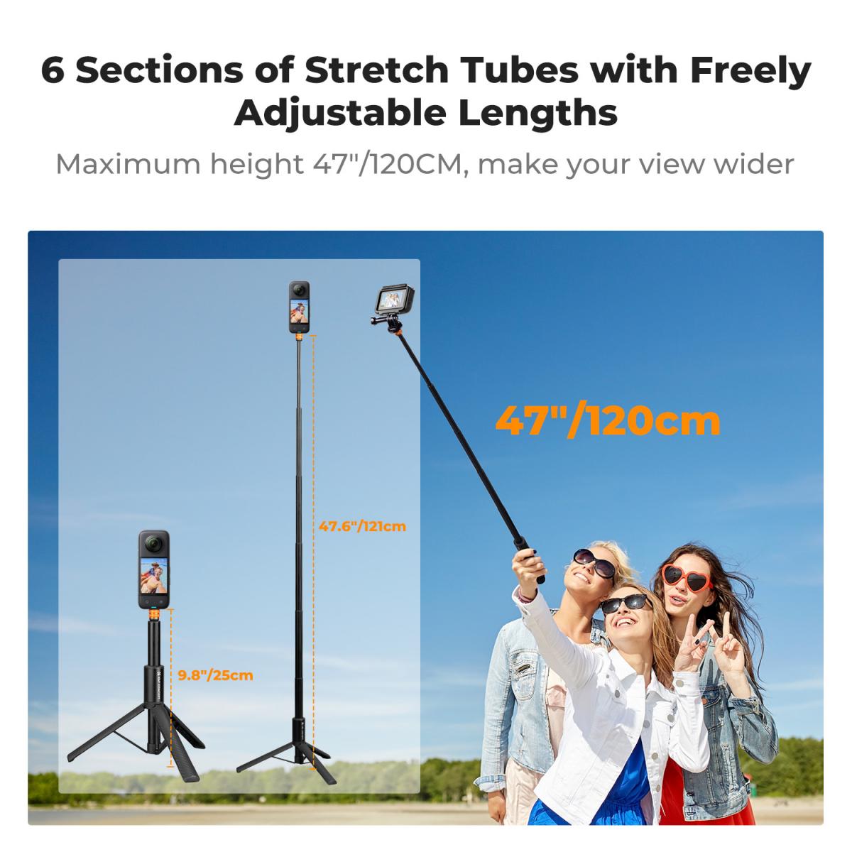 K&F Concept Selfie Stick invisibile, prolunga per asta lunga (120 cm/47,2 pollici) per Insta360 Sports Camera GoPro DJI Action, monopiede esteso da 1/4" con adattatore GoPro