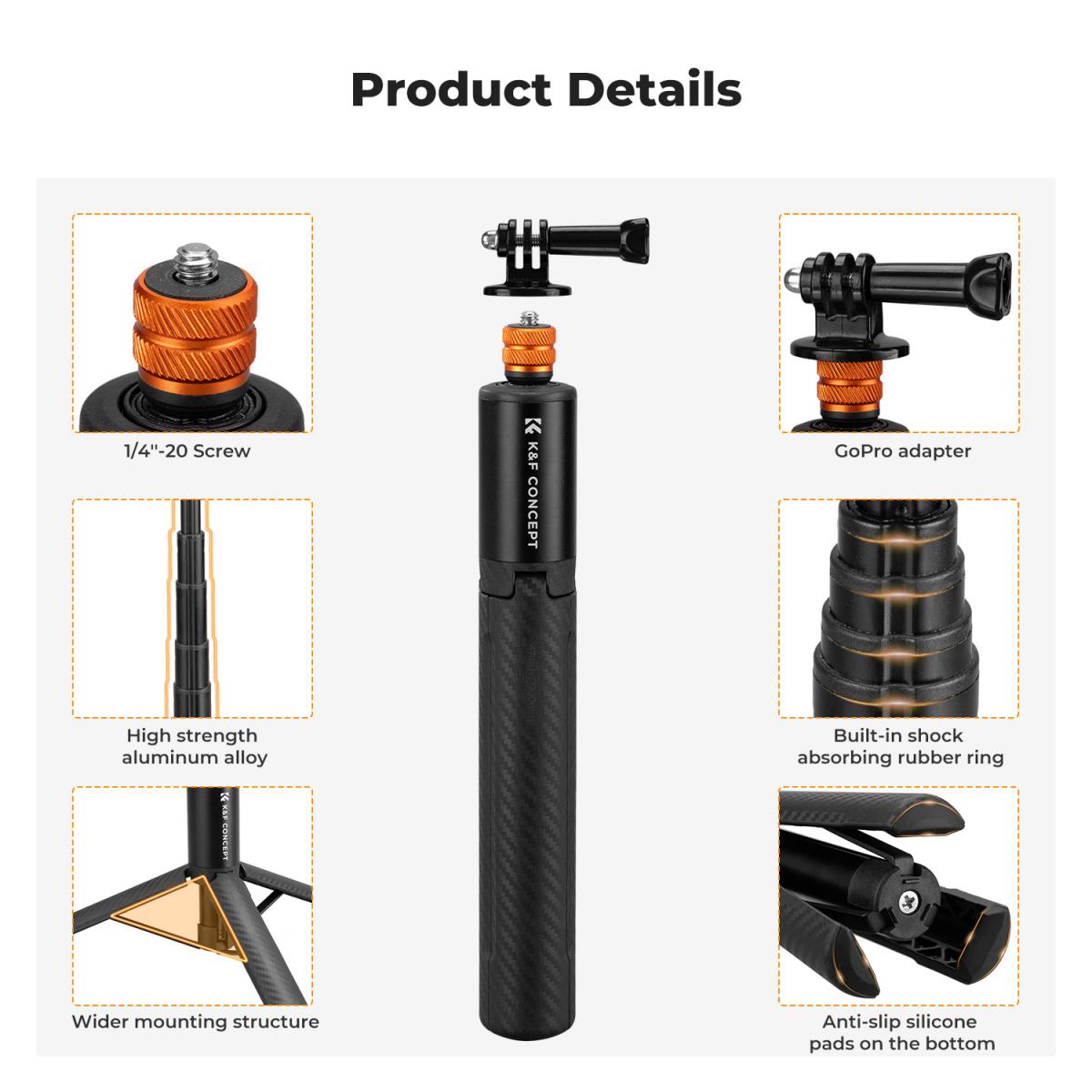 K&F Concept Selfie Stick invisibile, prolunga per asta lunga (120 cm/47,2 pollici) per Insta360 Sports Camera GoPro DJI Action, monopiede esteso da 1/4" con adattatore GoPro