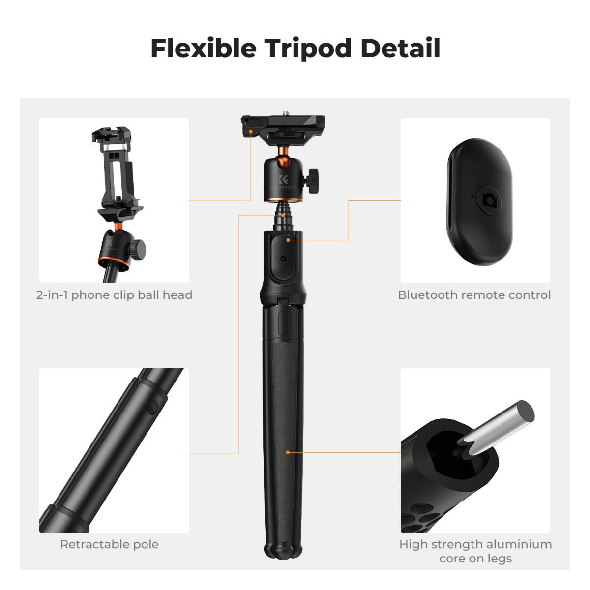 K&F Concept - Treppiede flessibile per smartphone e fotocamera, MS29, bastone per selfie retrattile, mini treppiede con telecomando, Tripod con supporto per treppiede, treppiede per iPhone/Sumsung