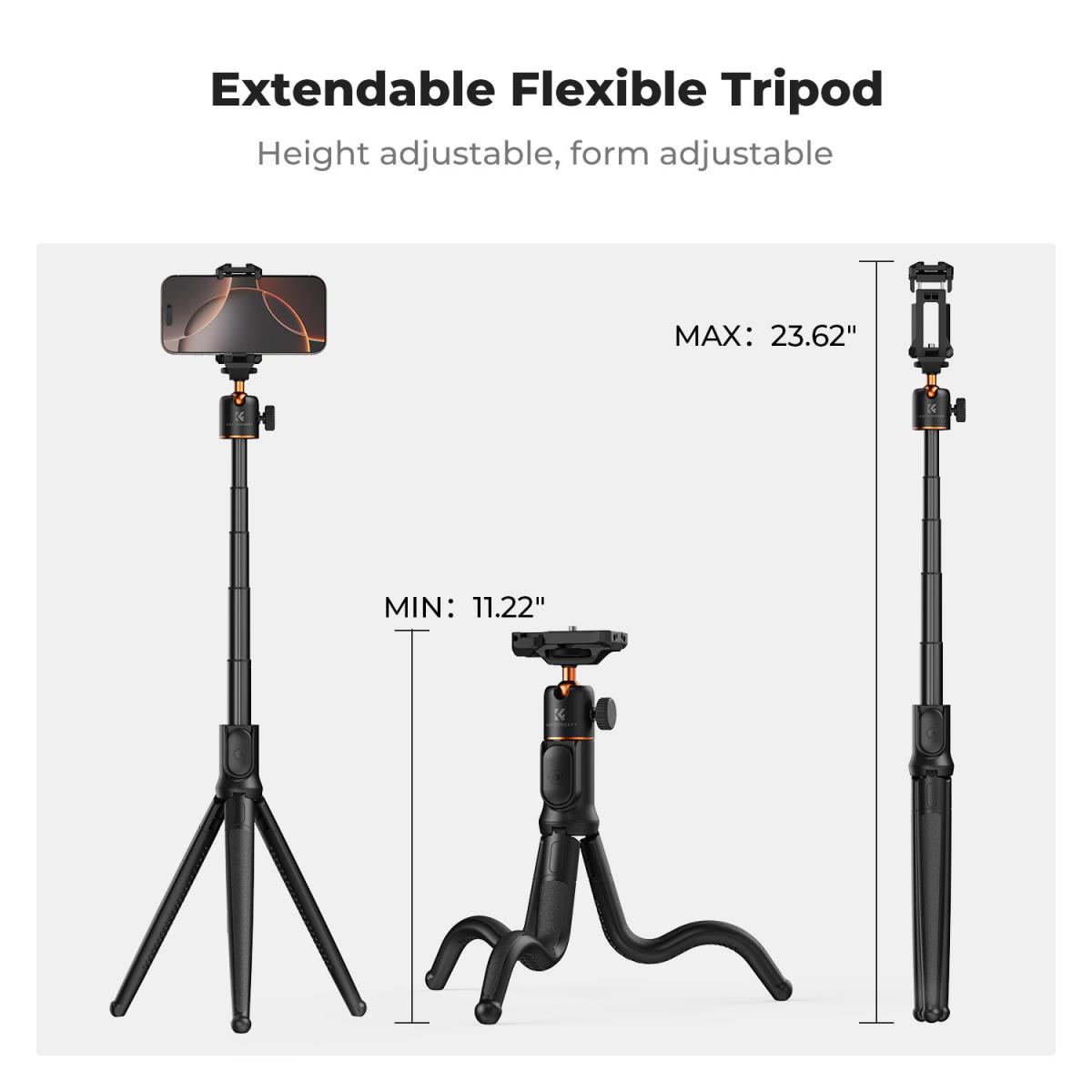 K&F Concept - Treppiede flessibile per smartphone e fotocamera, MS29, bastone per selfie retrattile, mini treppiede con telecomando, Tripod con supporto per treppiede, treppiede per iPhone/Sumsung