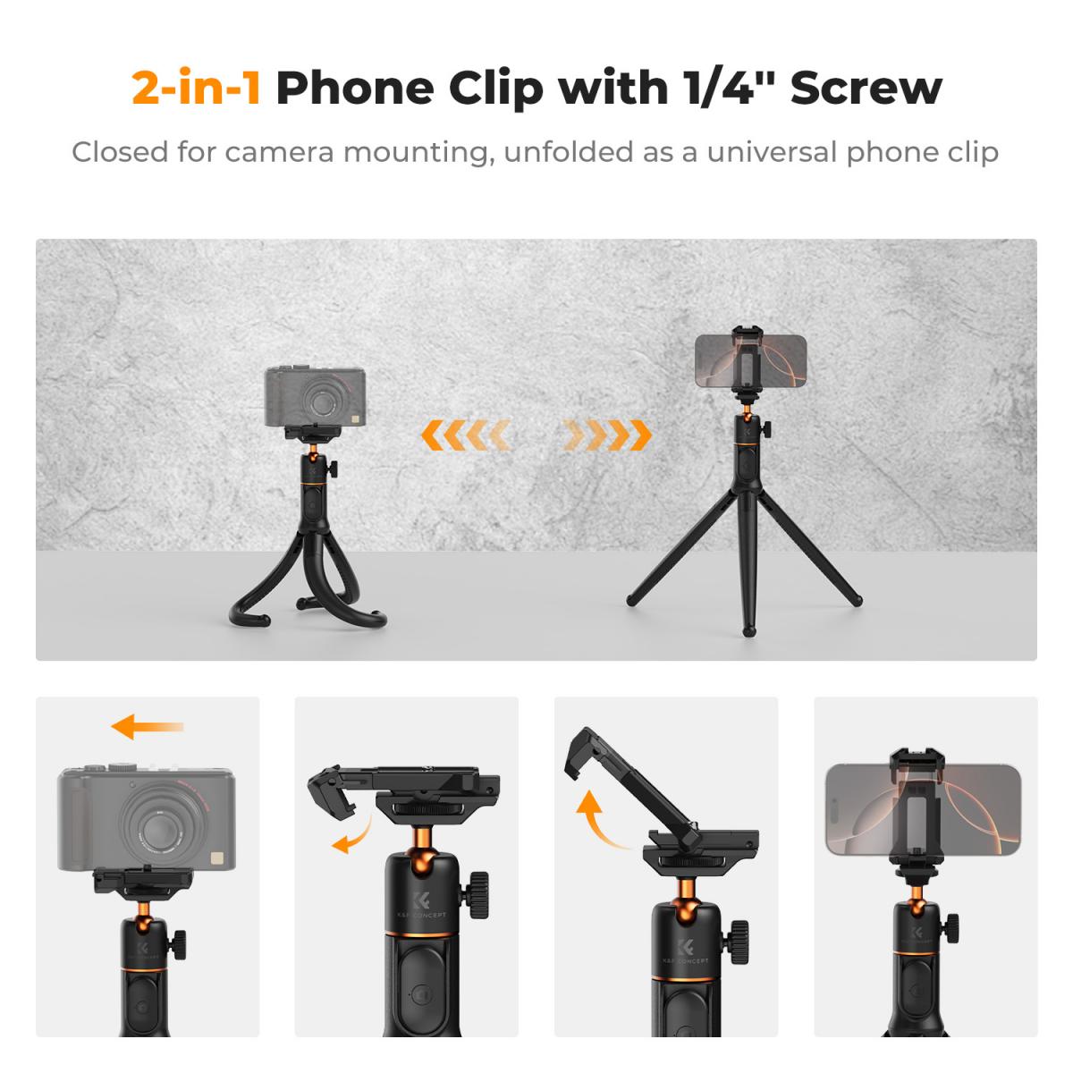 K&F Concept - Treppiede flessibile per smartphone e fotocamera, MS29, bastone per selfie retrattile, mini treppiede con telecomando, Tripod con supporto per treppiede, treppiede per iPhone/Sumsung
