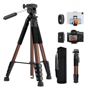 190cm/75'' K&F CONCEPT Compact Tripod for DSLR Camera, Camera Tripod for Canon Nikon Sony with 2-in-1 Phone Tablet Holder, Travel Stand with Bluetooth, Load Capacity 4kg (Bronze Gold, 75'')