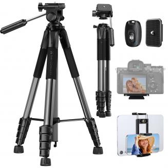 K&F Concept Treppiede Fotocamera e Smartphone 190cm, Treppiede Leggero in Alluminio S255A3+BV01 con Telecomando Bluetooth/Borsa/Clip 2-in-1, Cavalletto Fotografico per Reflex/DSLR/iPhone/Samsung