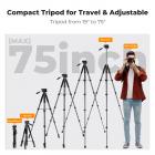 75" Kamera Tripod Hafif Taşınabilir Seyahat Açık Hava DSLR Tripodları Kamera Telefon Video Kayıt Tripod Standı, Akıllı Telefon Canlı Yayın Vlog için Cep Telefonu Klipsi (siyah+koyu gri, 75'')