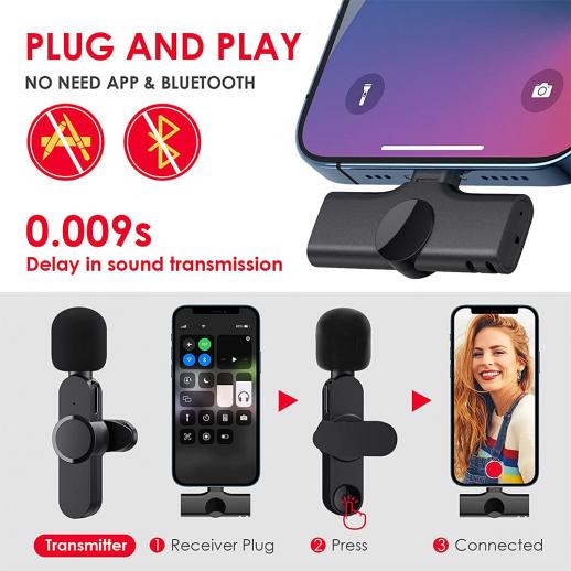 NO APP or Bluetooth Needed Lapel Mic for Recording YouTube Noise Reduction Auto-Sync Facebook Live Stream Plug-Play Wireless Lavalier Microphone for iPhone iPad iOS TikTok 