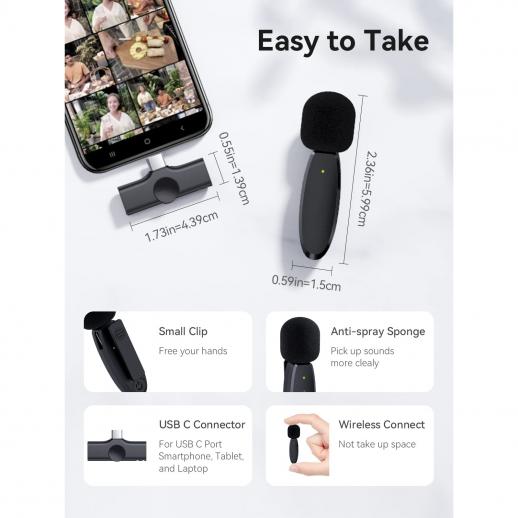 Micrófono de solapa inalámbrico para iPhone/Android/Laptop Mini USB C Mic  Plug and Play Micrófono inalámbrico Micrófono inteligente de reducción de
