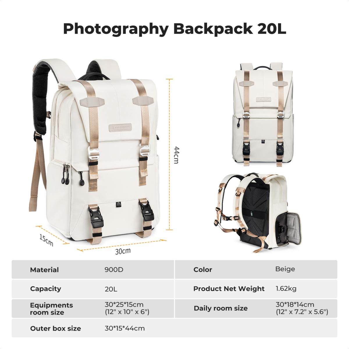 K&F Concept 20L Zaino Fotografico Professionale, Zaino Fotografico Multifunzionale impermeabile - Backpack Urban Wander 01（Beige）