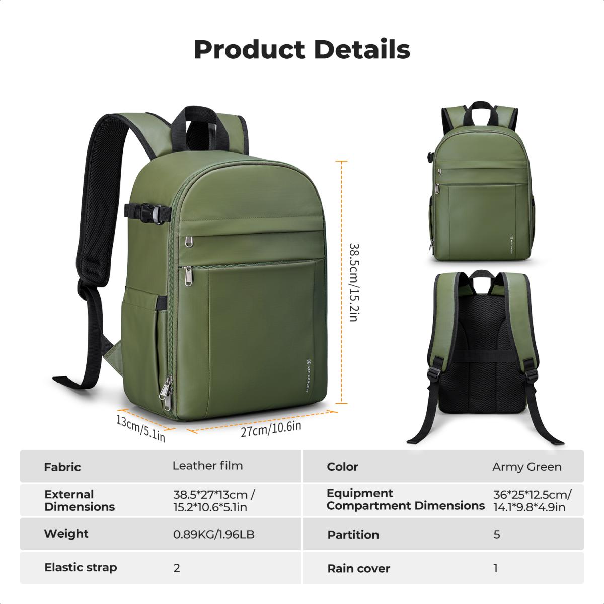 K&F Concept 13L kameraryggsekk Nature Wander 12 svart, lett fotoveske med rask tilgang til frontåpning, stativstropp og dobbeltfunksjonsdesign for reise og daglig bruk, grønn-PU