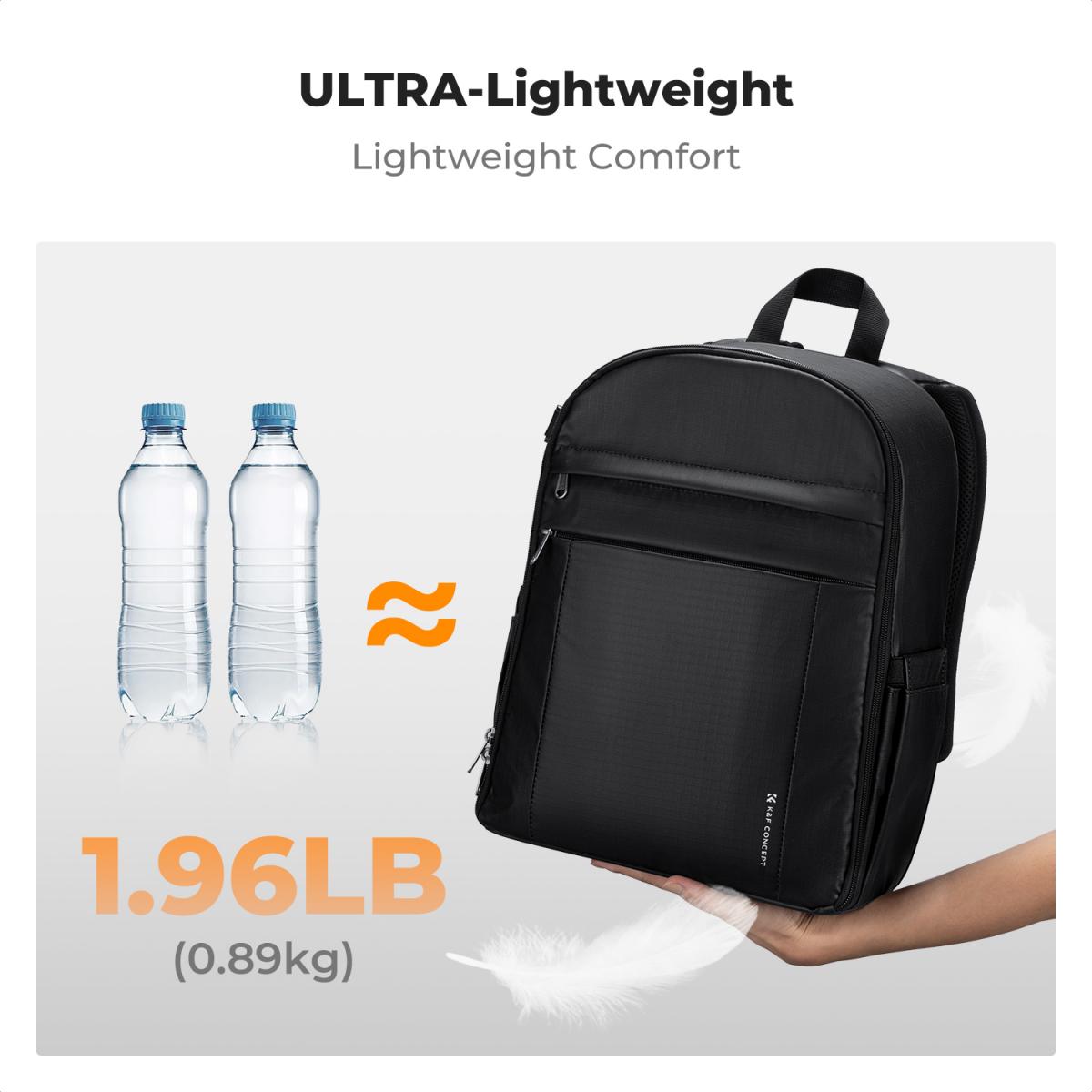 K&F Concept 13L kameraryggsekk Nature Wander 12 svart, lett fotoveske med rask tilgang til frontåpning, stativstropp og dobbeltfunksjonsdesign for reise og daglig bruk, svart PU