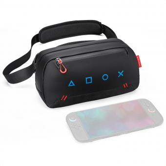 K&F Concept Travel Sling Bag for Steam Deck OLED / Nintendo Switch 2, Handheld Console Carrying Case with 8 Game Card Slots, Black+Blue