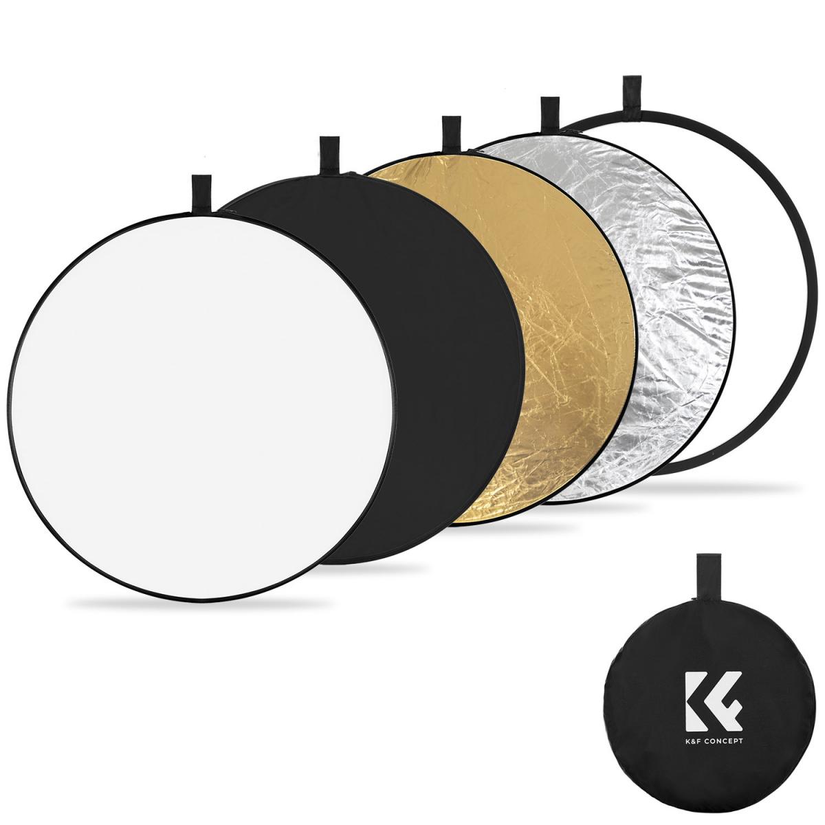 Réflecteur circulaire 5 en 1 avec poignée 60 cm Or Argent Noir Blanc  Translucide Panneau de lumière douce Portrait Photographie en plein air  Blocage
