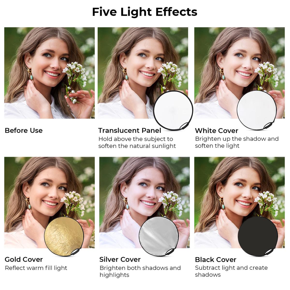 Beşi Bir Arada Saplı Dairesel Reflektör 60 cm Altın Gümüş Siyah Beyaz Yarı Saydam Yumuşak Işık Paneli Portre Dış Mekan Fotoğrafçılığı Işık Engelleme Taşınabilir Katlanır Fotoğraf Çadırı Aksesuarı K&F Konsepti