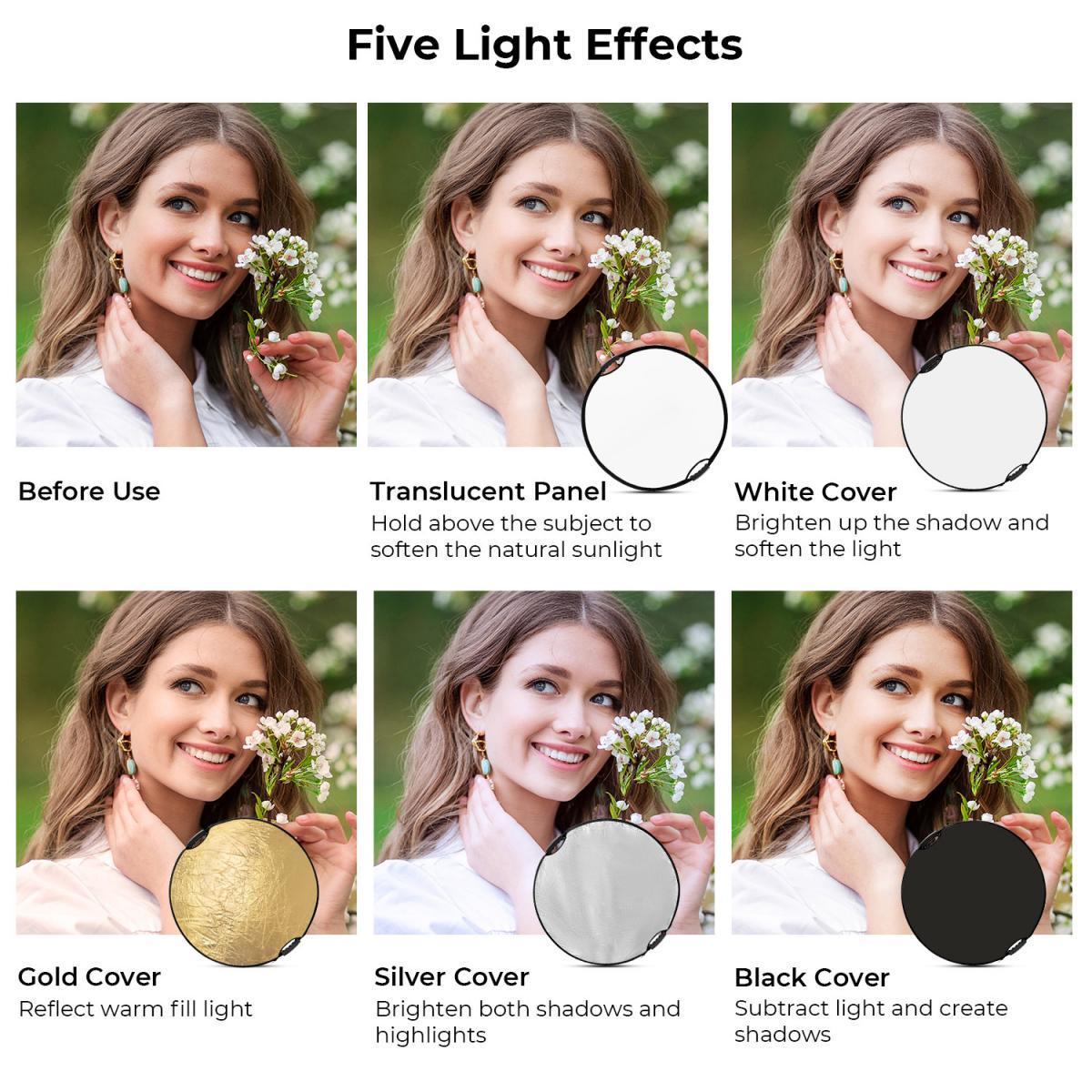 Beşi Bir Arada Saplı Dairesel Reflektör 110 cm Altın Gümüş Siyah Beyaz Yarı Saydam Yumuşak Işık Paneli Portre Dış Mekan Fotoğrafçılığı Işık Engelleme Taşınabilir Katlanır Fotoğraf Çadırı Aksesuarı K&F Konsepti