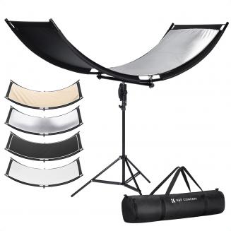 Reflector curvo en forma de U K&F CONCEPT de 180 x 60 cm con tejido reflectante 4 en 1, negro, dorado, blanco y plateado, con soporte de 1,9 m y bolsa de almacenamiento, para estudios de fotografía.