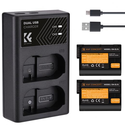 K&F Concept 2 Pack 2100mAh EN-EL15 EN-EL15A/B Battery and Dual Battery Charger Set for Nikon D7000 D7100 D7200 D7500 D850 D750 Z5 Z6 Z7