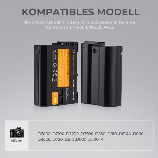 EN-EL15 Ersatzakku(2 Stück) und Dual-USB Ladegerät Set für Nikon