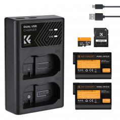 K&F CONCEPT EN-EL15 ladattava akku 2 kpl + akkulaturi + 64GB micro SD -korttisarja; Yhteensopivat kamerat: Nikon D7000, D7100, D7200, D750, D850, D810, D800, D800E, D750, D610, D600, D500, 1 V1