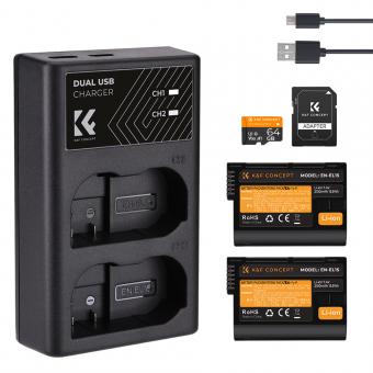 K&F Concept 2 Pack EN-EL15 EN-EL15A/B Battery Dual Charger with 64G Micro SD Card, EN-EL15 Replacement Battery for Nikon D7000 D7100 D7200 D7500 D850 D810 D800 D800E D750 D610 D600 V1