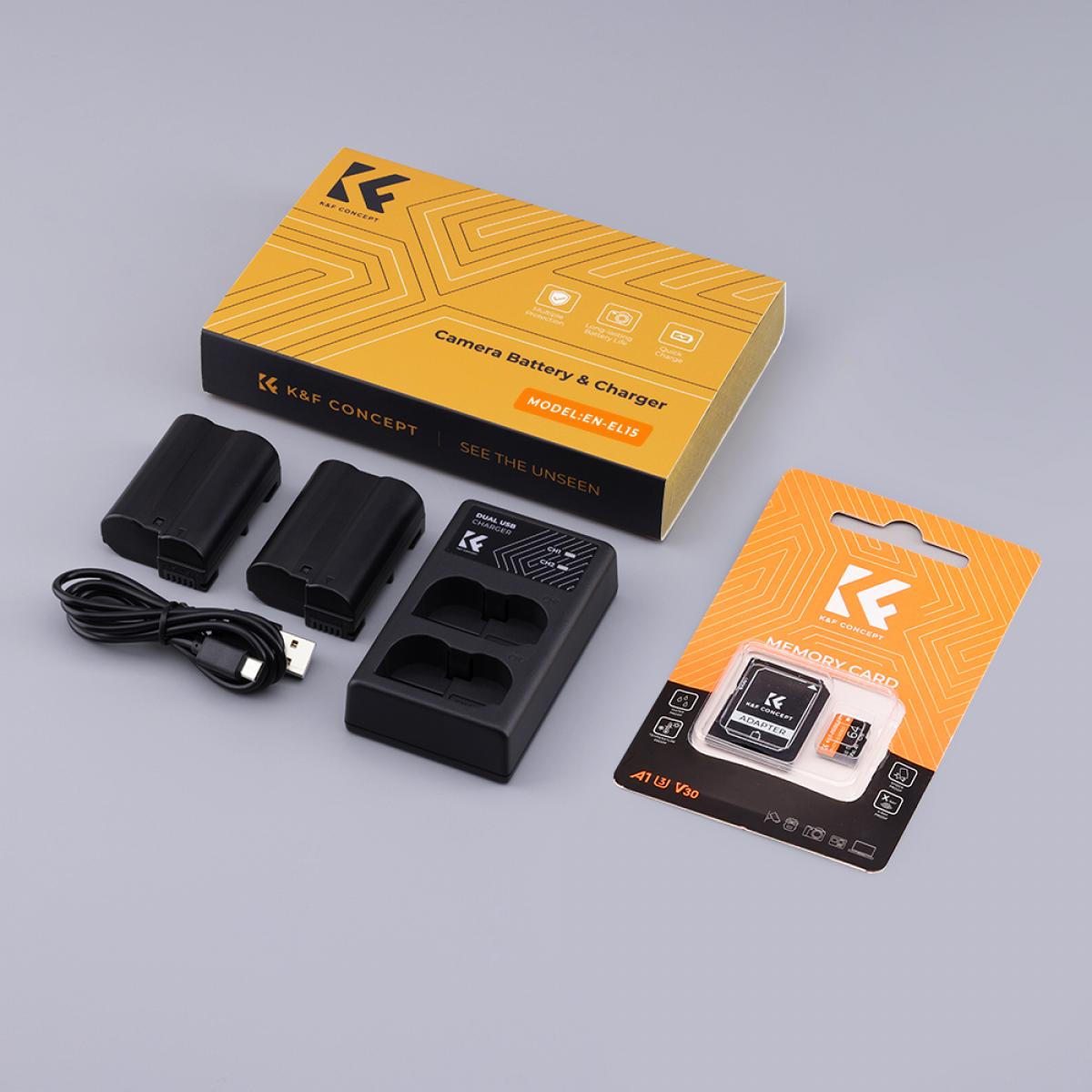 K&F CONCEPT EN-EL15 rechargeable battery 2-pack + battery charger + 64GB micro SD card kit; Compatible cameras: Nikon D7000, D7100, D7200, D750, D850, D810, D800, D800E, D750, D610, D600, D500, 1 V1