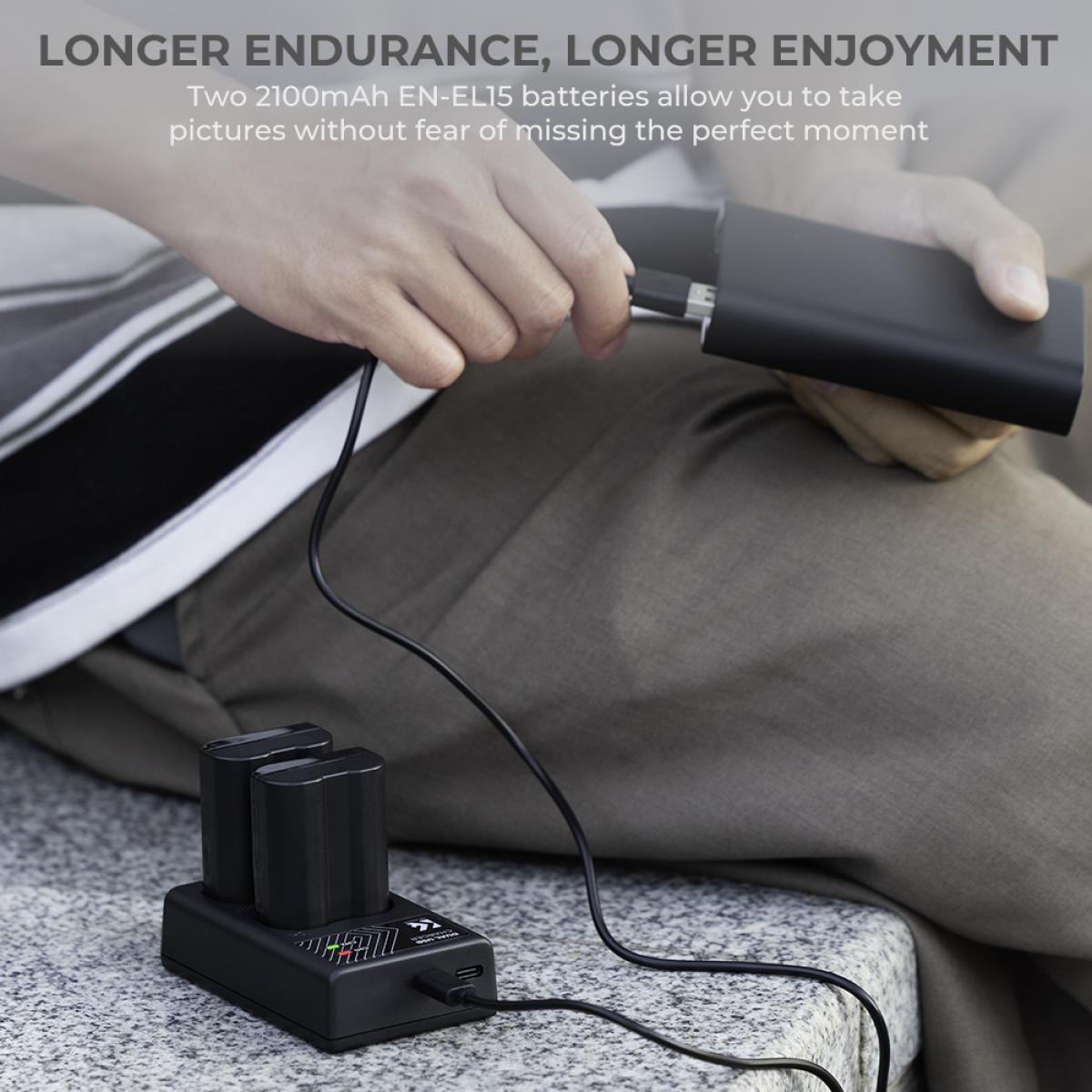 K&F CONCEPT EN-EL15 rechargeable battery 2-pack + battery charger + 64GB micro SD card kit; Compatible cameras: Nikon D7000, D7100, D7200, D750, D850, D810, D800, D800E, D750, D610, D600, D500, 1 V1