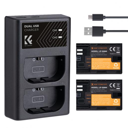 K&F CONCEPT LP-E6NH Ersatzakku(2 Stück) und Dual-USB Ladegerät Set mit LCD-Display Kompatibel mit Canon Digitalkameras