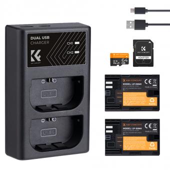 K&F CONCEPT LP-E6NH Ersatzakku(2 Stück) und Dual-USB Ladegerät Set mit LCD-Display + 64GB SD Karte für Canon Digitalkameras