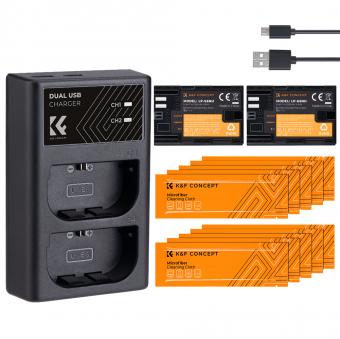 K&F CONCEPT LP-E6NH Ersatzakku(2 Stück) und Dual-USB Ladegerät Set mit LCD-Display + 10 PCS Reinigungstuch für Canon Digitalkameras