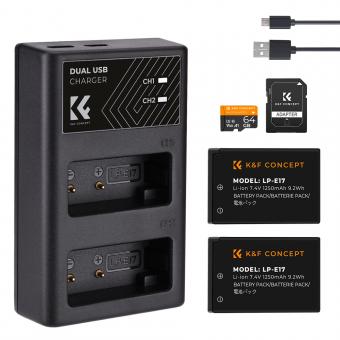 K&F CONCEPT LP-E17 Ersatzakku(2 Stück) und Dual-USB Ladegerät Set mit LCD-Display + 64GB SD Karte, Kompatibel mit für Canon Digitalkameras