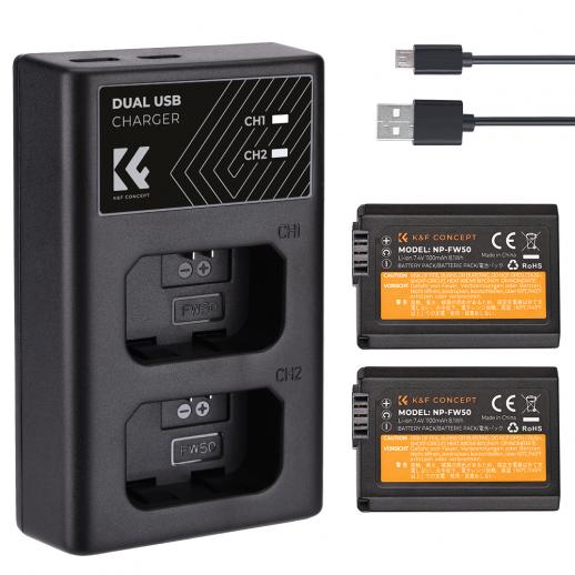K&F CONCEPT NP-FW50 battery and dual slot battery charger kit for Sony Alpha 7, A7, Alpha 7R, A7R, A7R II, A7 II, A7S, A7S II, A7M2, A7SM2, A7RM2, A5000 A6000 A6300 A6500, a3000 , NEX-3, NEX-3N, NEX-5, NEX-5C, NEX-5N, NEX-5R, NEX-5T, NEX-6, NEX-7, NEX