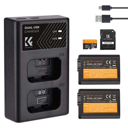 K&F CONCEPT Batterie NP-FW50 + chargeur de batterie NP-FW50 + carte micro SD 64 Go pour Sony Alpha 7, A7, Alpha 7R, A7R, A7R II, A7 II, A7S, A7S II, A7M2, A7SM2, A7RM2, A5000 A6000 A6300 A6500, a3000, NEX-3, NEX-3N, NEX-5, NEX-5C, NEX-5N, NEX-5R, NEX-