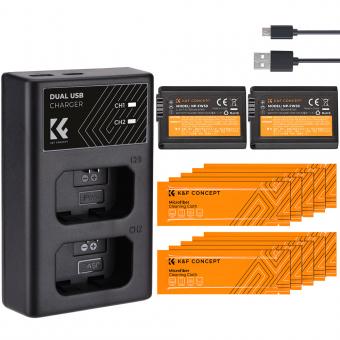 K&F CONCEPT NP-FW50 Ersatzakku(2 Stück) und Dual-USB Ladegerät Set mit 10-teiliges Reinigungstuch für Sony Digitalkameras