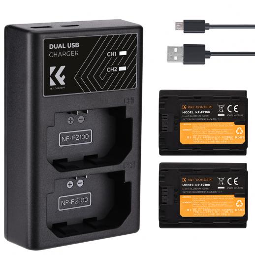 K&F Concept NP-FZ100 Battery and Charger for Sony A7iii Battery Compatible with Sony FX3, ZV-E1, Alpha A7iii, A7IV, A7RIII, A9, A6600, A7R IV (2 Pack 2280mAh Lithium-ion Batteries)