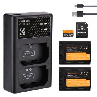 K&F Concept Batería de Cámara Recargable NP-FZ100 2pcs + Cargador + 64GB Tarjeta SD, para Sony Alpha A7 III, A7R III (A7R3), A9, a6600, a7R IV, Alpha a9 II