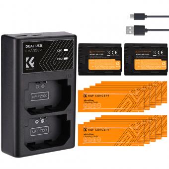 K&F CONCEPT NP-FZ100 Ersatzakku(2 Stück) und Dual-USB Ladegerät Set mit 10 PCS Reinigungstuch, Kompatibel mit Sony Alpha A7 III, A7R III (A7R3), A9, a6600, a7R IV, Alpha a9 II